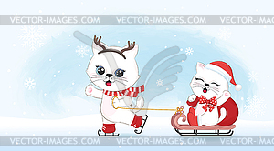 Cute little cats and sleigh, winter and Christmas - vector image
