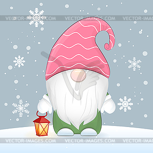 Cute gnome holding lantern Christmas - vector clip art