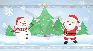 Cute Santa claus and snowman in winter, Christmas - vector clipart