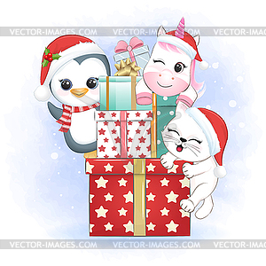 Cute penguin, cat and unicorn with gift boxes, - vector clip art