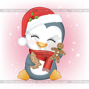 Cute penguins and gingerbread. Christmas season - vector clip art