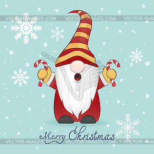 Cute gnome holding candy cane Christmas - vector image