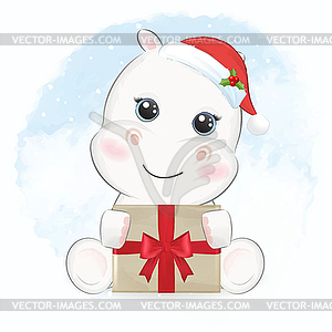 Cute little Hippo and gift box. Christmas season - vector image