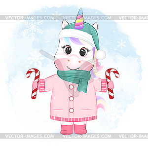 Cute little unicorn holding candy cane. Christmas - color vector clipart