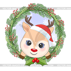 Cute little deer and wreath christmas, Christmas - vector image