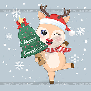 Милый олененок и новогодняя елка, Рождество - иллюстрация в векторном формате