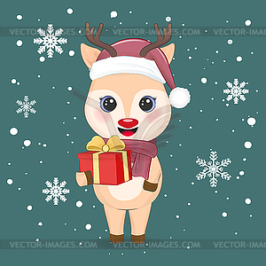 Cute little deer and gift box. Christmas season - vector clipart