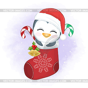 Cute Penguin and candy cane in sock. Christmas - vector clipart