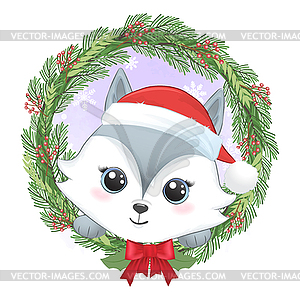 Cute little fox and wreath christmas, Christmas - royalty-free vector clipart