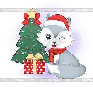 Cute little fox with gift box and christmas tree. - vector image