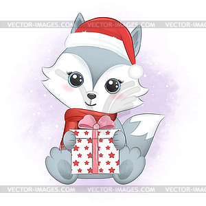 Милая маленькая лиса и подарочная коробка Рождественский сезон - клипарт в векторном формате