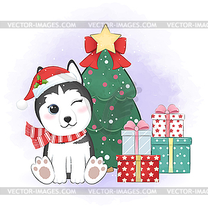 Cute Siberian Husky dog and gift box with - vector clipart / vector image