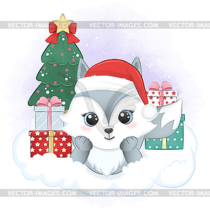 Cute little fox and gift box with Christmas tree. - vector image