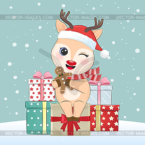 Cute little deer with gingerbread and gift box. - vector clipart