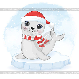 Cute seal on ice floe, Christmas and New Year - vector image