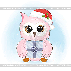 Cute owl and gift box, Christmas season  - vector clipart