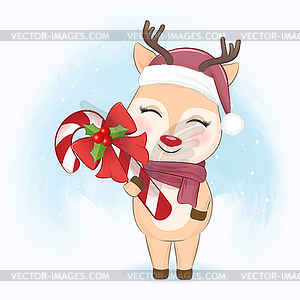 Cute little deer and candy cane Christmas season  - vector clip art
