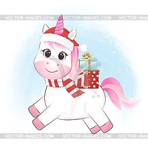 Cute little unicorn and gift box. Christmas season - vector clipart