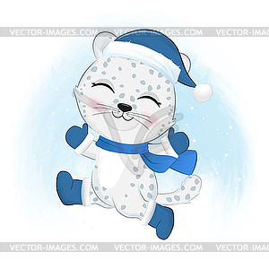 Cute snow leopard. Christmas season - vector clipart