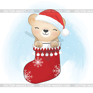 Cute little bear in sock. Christmas season - vector clip art