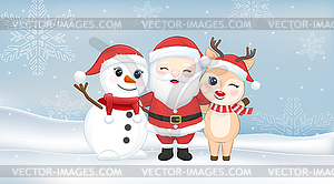 Cute santa claus, snowman and deer in winter, - vector image