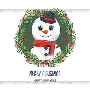 Cute Snowman and Christmas wreath. Christmas and Ne - royalty-free vector clipart
