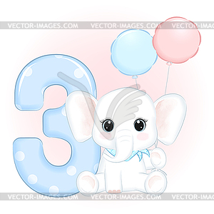 Милый Слоненок С Днем Рождения 3 года - иллюстрация в векторном формате