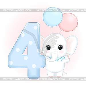 Cute little Elephant Happy birthday 4 years old - vector clipart