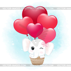 Cute little Elephant in hot air balloon, valentine` - vector clip art