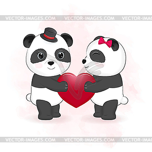 Милая пара панда и сердце концепция дня святого валентина - векторный клипарт