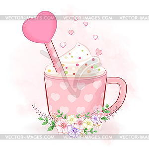 Cute cup of coffee with heart. Valentine`s day - vector clipart