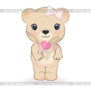 Cute Little Bear and heart candy. Valentine`s day - vector clipart