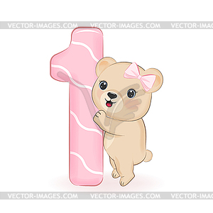 Cute Little Bear, Happy birthday 1 year old - vector clipart