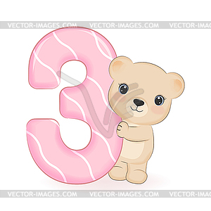 Cute Little Bear, Happy Birthday 3 years old - vector clip art