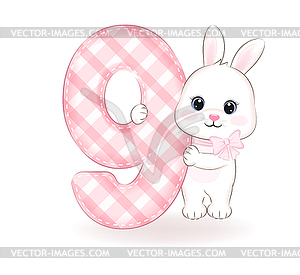 Cute little rabbit, Happy birthday 9 years old - vector clipart