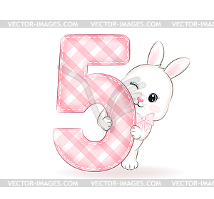 Cute little rabbit, Happy birthday 5 years old - vector clip art