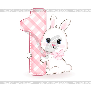 Cute little rabbit, First Birthday party, Happy - vector image