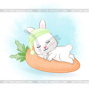 Cute Little Bunny sleeping on carrot cartoon - vector image