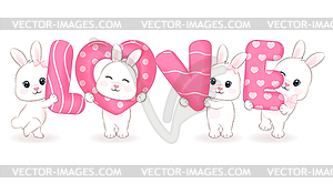 Cute Little Bunny with alphabet love, cartoon - vector clipart