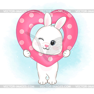 Cute Little Bunny and heart valentine`s day concept - vector clip art