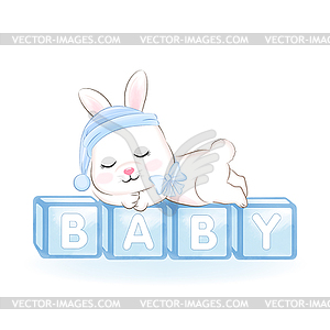 Cute Little Rabbit sleeping on baby toy box - vector image