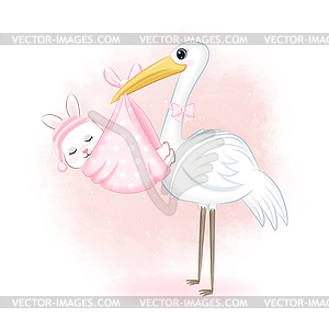 Stork carrying baby Rabbit, newborn concept - vector clipart
