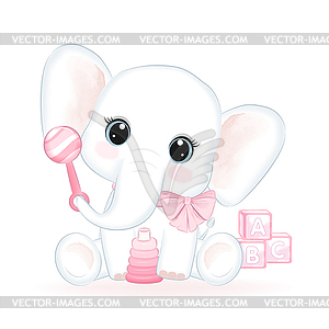 Cute Little Elephant with baby toy - vector image