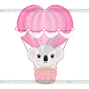 Cute Koala Bear in Hot air balloon, Valentine`s - vector clipart