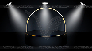 Black podium on red background with spotlights - vector image