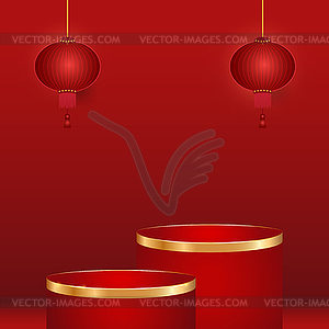 Red podium and golden line with chinese lantern on - vector clipart