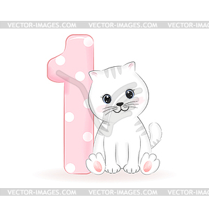 Cute little Cat, Happy birthday 1 yea old - vector clip art