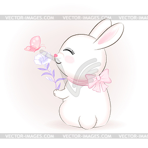 Милый кролик и цветок с мультяшным животным-бабочкой - графика в векторном формате