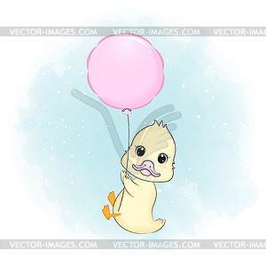 Cute Little Duck and balloon cartoon - vector clipart