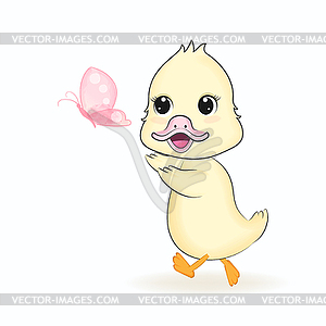 Cute Little Duck and butterfly cartoon - vector clipart